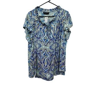 Lane Bryant Paisley Flutter Satin Blouse 26/28‎ Blue Resort Chic Flowy Plus